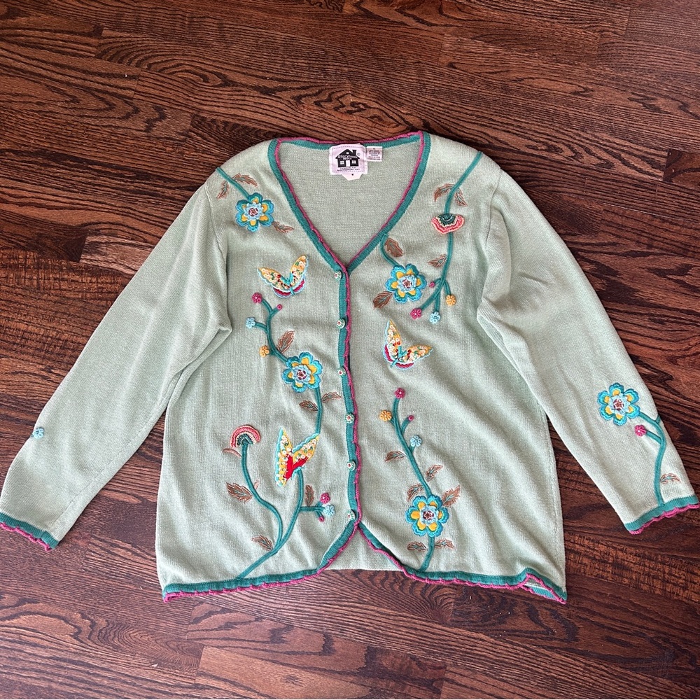 Storybook Knits Pastel Seafoam Green Floral Embroidered Cardigan